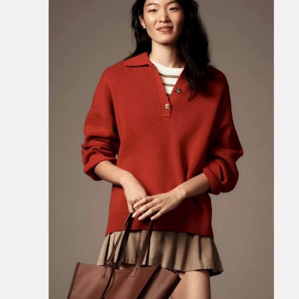 Reformation Red Brooklyn Polo Sweater Organic Cotton Sweater L NWT Anthropologie - Picture 2 of 9